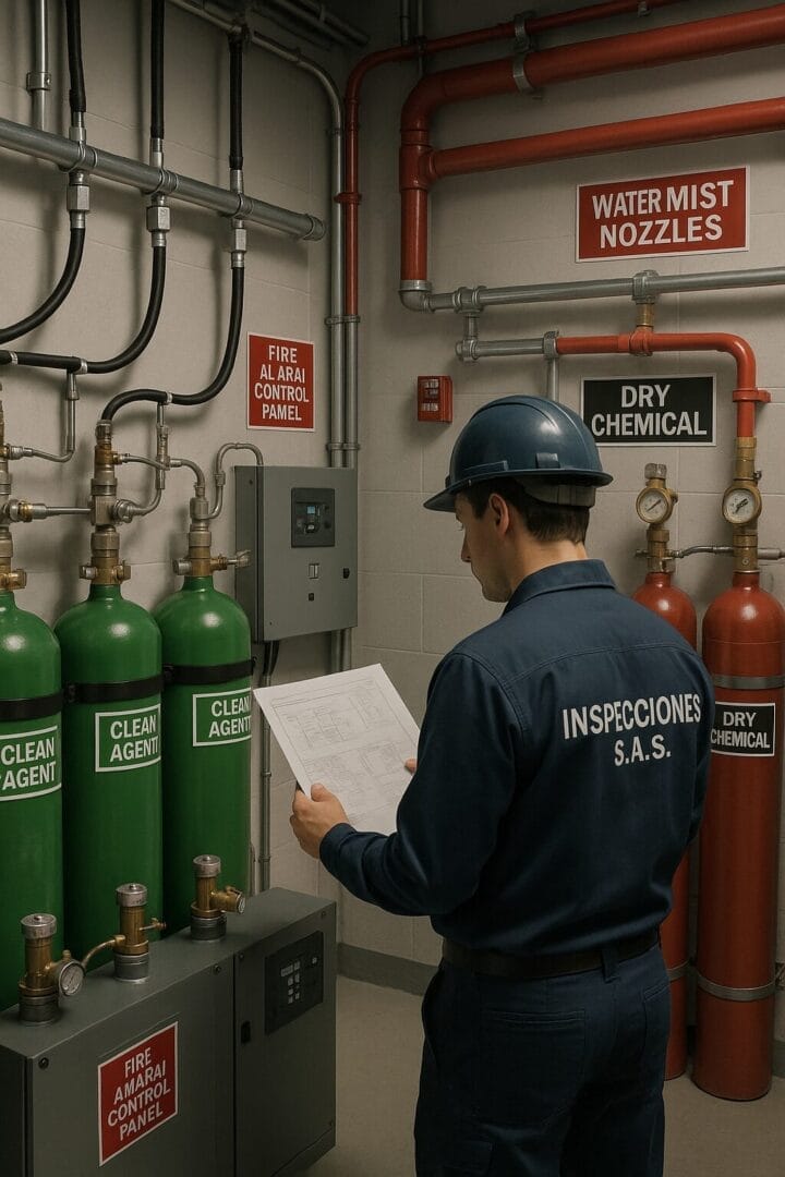 Técnico de Inspecciones S.A.S. inspeccionando un sistema de supresión de incendios con agentes limpios, niebla de agua y espuma, en sala técnica industrial. Este texto está enfocado en incluir palabras clave como: Técnico Inspección Sistema de supresión de incendios Agentes limpios / niebla de agua / espuma Sala técnica industrial Inspecciones S.A.S.