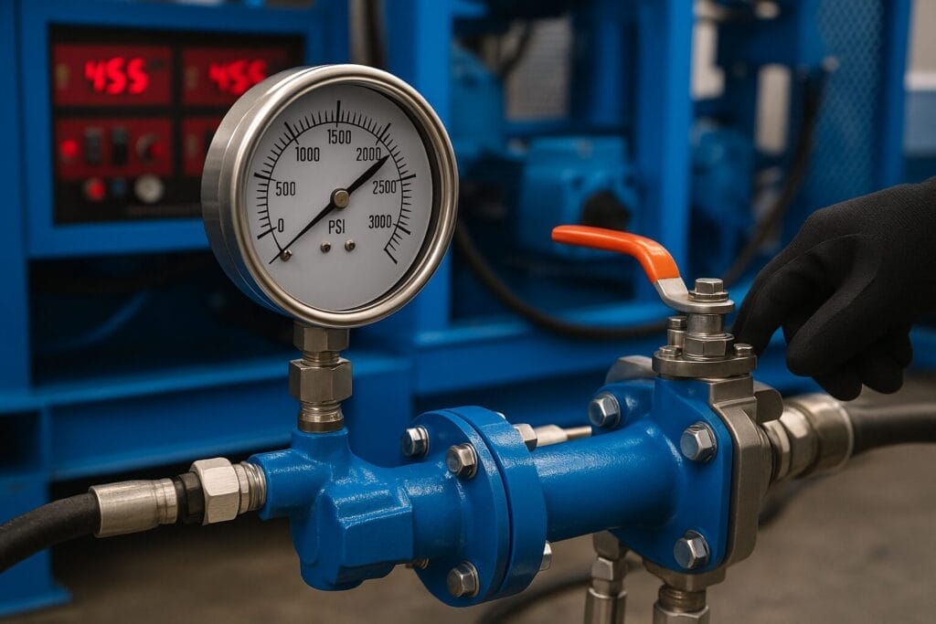 Sistema de presión hidráulica industrial con manómetro calibrado en cuarto técnico.