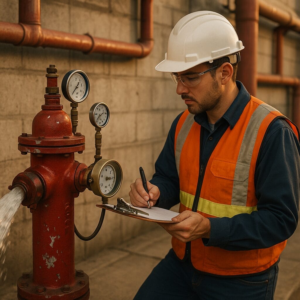 Técnico realiza prueba pitométrica en hidrante industrial, midiendo presión y caudal reales del sistema contra incendios